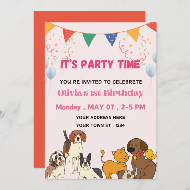 Invitación Fiesta Time Puppy Dog Birday Party (Anverso / Reverso)