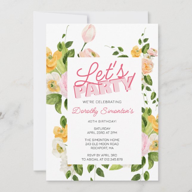 Invitación Fiesta Tipografía de moda 40 cumpleaños (Anverso)
