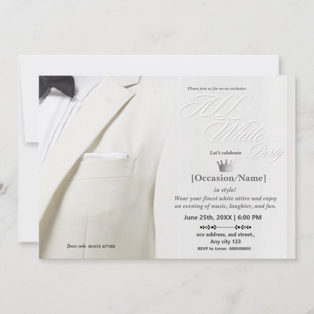 Invitación Fiesta Todo Blanco de Lujo  (Anverso)