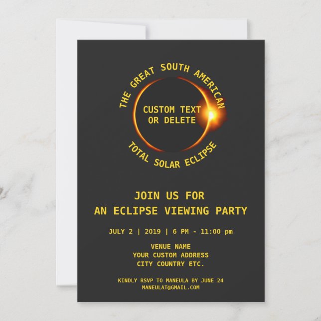 Invitación Fiesta total de eclipse solar 7.2.2019 Sudamérica (Anverso)