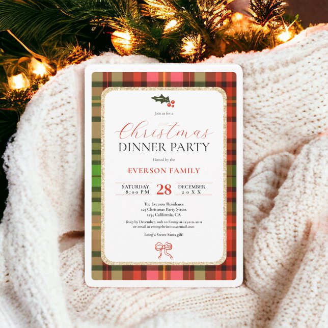 Invitación Fiesta tradicional de Navidades de cacerolas rojas (Traditional Red Festive Plaid Christmas Party Invitation)