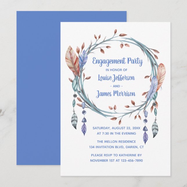 Invitación Fiesta tribal de plumas azules de compromiso de bo (Anverso / Reverso)