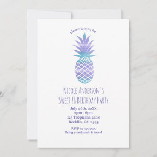 Invitación Fiesta Tropical Chic de Piña Purpura y Aqua Teal