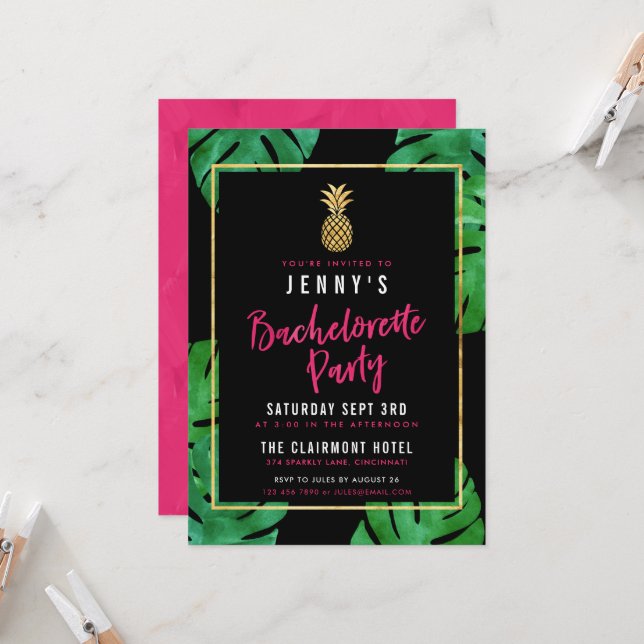 Invitación Fiesta Tropical de Bachelorette / Piña de Oro (Anverso/Reverso In Situ)