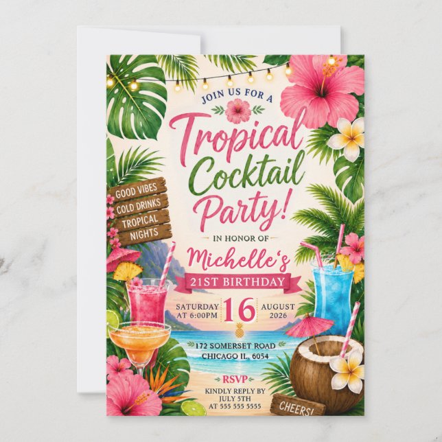 Invitación Fiesta Tropical de Cóctel Playa Cumpleaños 21 (Anverso)