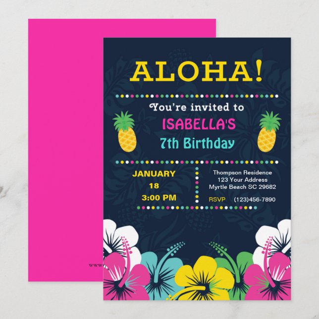 Invitación Fiesta Tropical de Cumpleaños 7 (Anverso / Reverso)