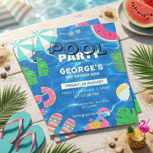 Invitación Fiesta Tropical de Cumpleaños Azul Rosa en la Pisc