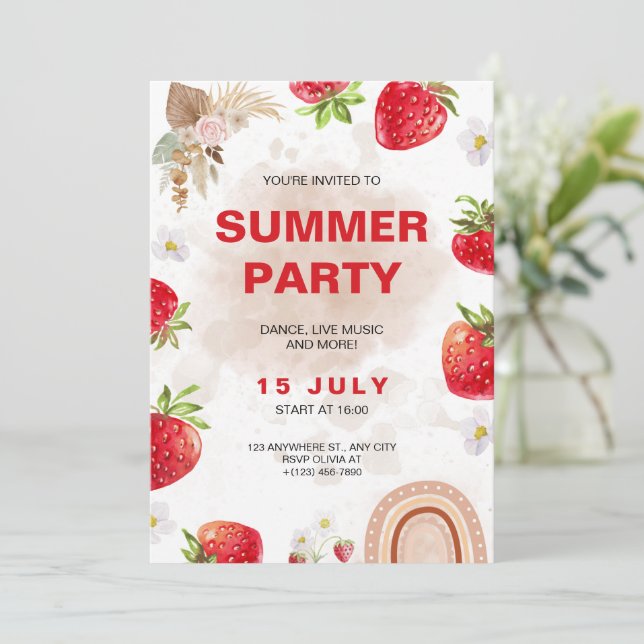Invitación Fiesta Tropical de Fresa Arcoíris Boho Agua (Anverso de pie)