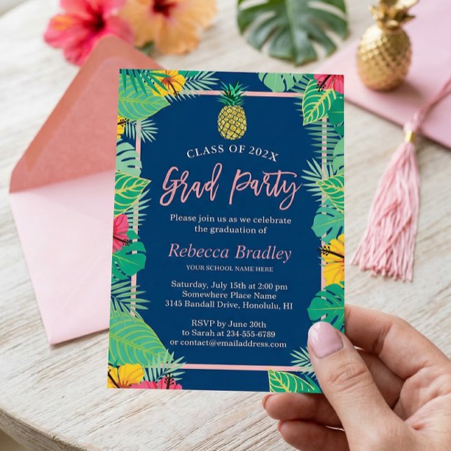 Invitación Fiesta Tropical de Graduación Navy Blue Gold Pinea (Subido por el creador)