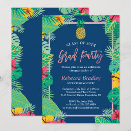 Invitación Fiesta Tropical de Graduación Navy Blue Gold Pinea