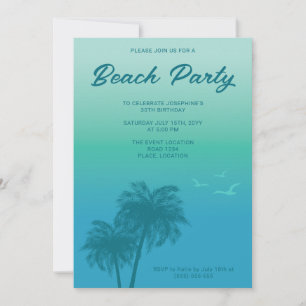 Invitación Fiesta Tropical de Playa Aqua Azul Palmeras Cumple