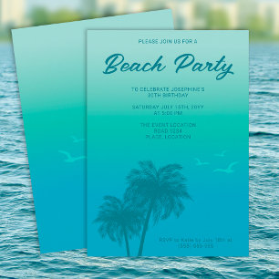 Invitación Fiesta Tropical de Playa Cumpleaños Palma Azul Aqu