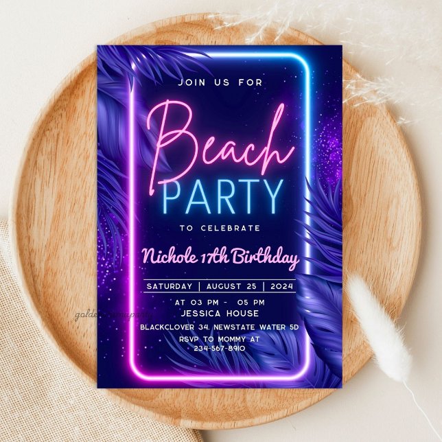 Invitación Fiesta Tropical de Playa Neon (Tropical Neon Beach Party Invitation
)