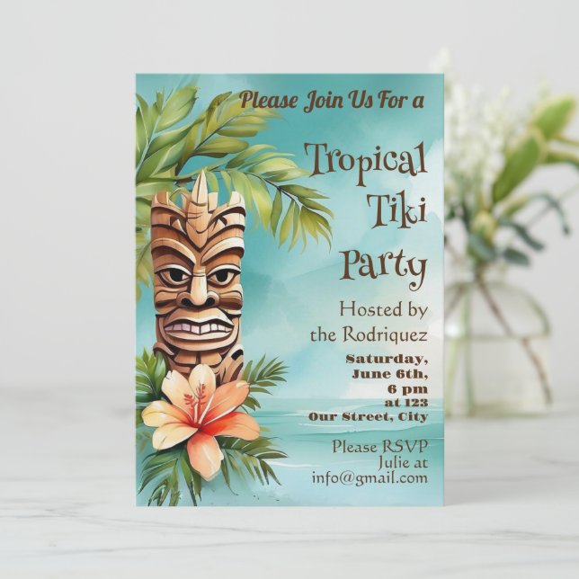Invitación Fiesta Tropical de Tiki (Anverso de pie)