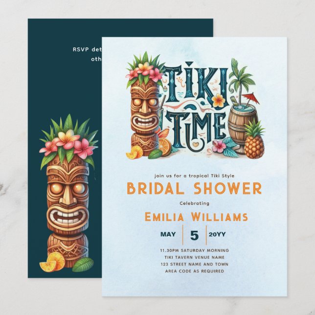 Invitación Fiesta tropical de Tiki Boda Luau Bridal Shower (Anverso / Reverso)