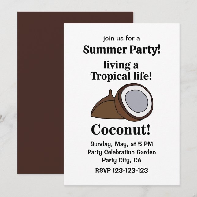 Invitación Fiesta Tropical de Verano con Frutas de Coco (Anverso / Reverso)
