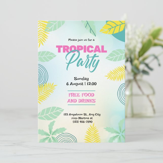 Invitación Fiesta Tropical de Verano Verde y Amarillo (Anverso de pie)