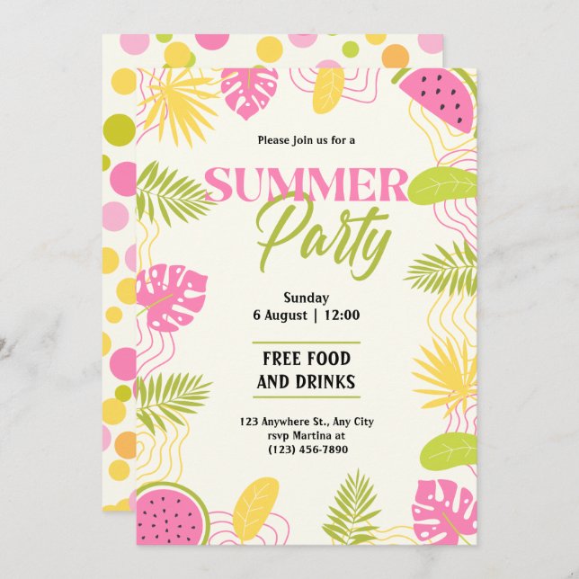 Invitación Fiesta Tropical de Verano Verde y Rosa (Anverso / Reverso)