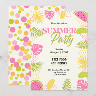 Invitación Fiesta Tropical de Verano Verde y Rosa
