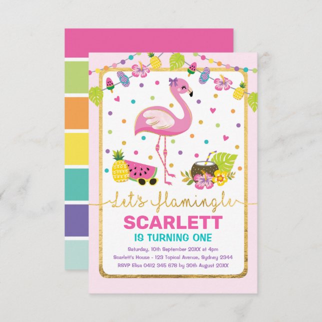 Invitación Fiesta tropical del flamenco de los chicas (Anverso / Reverso)