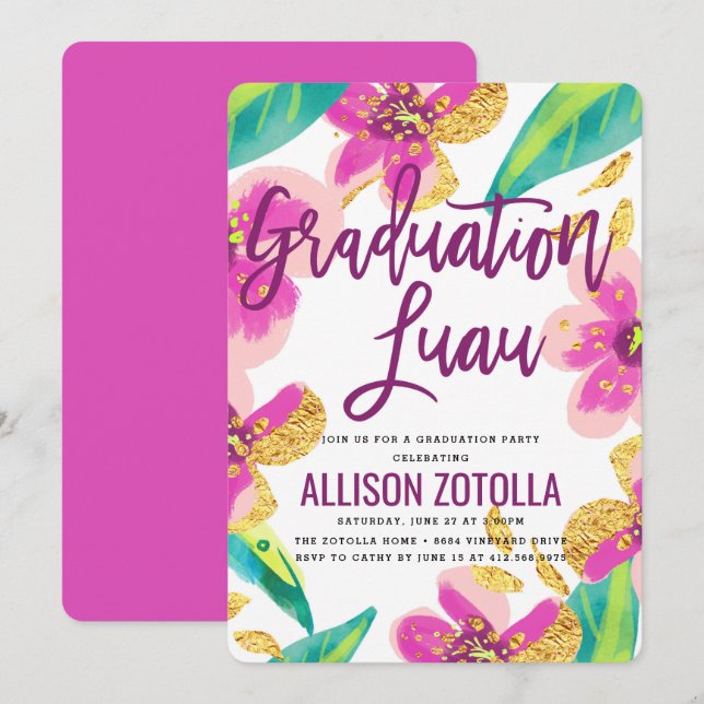 Invitación Fiesta Tropical del Partido de Graduación Luau (Anverso / Reverso)