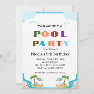 Invitación Fiesta Tropical en la Piscina Cumpleaños 9 de Nico