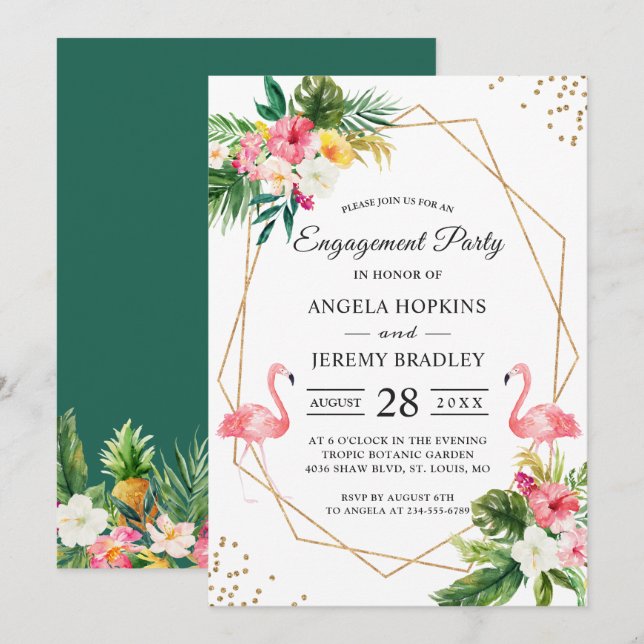 Invitación Fiesta Tropical Floral Sale Flamingo (Anverso / Reverso)