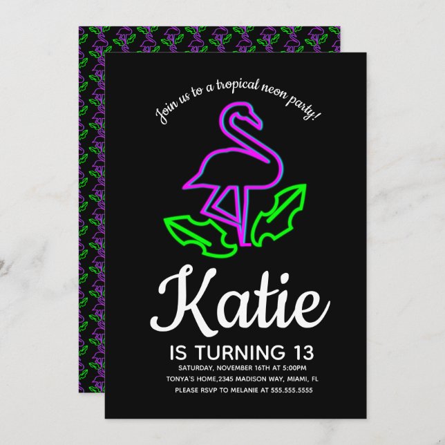 Invitación Fiesta Tropical Glow de Flamenco Neon para Adolesc (Anverso / Reverso)