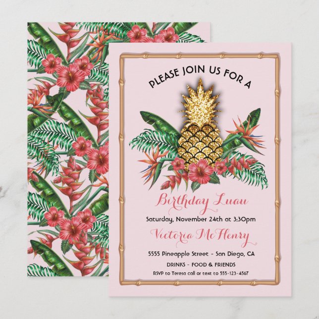 Invitación Fiesta Tropical Golden Pineapple Luau (Anverso / Reverso)