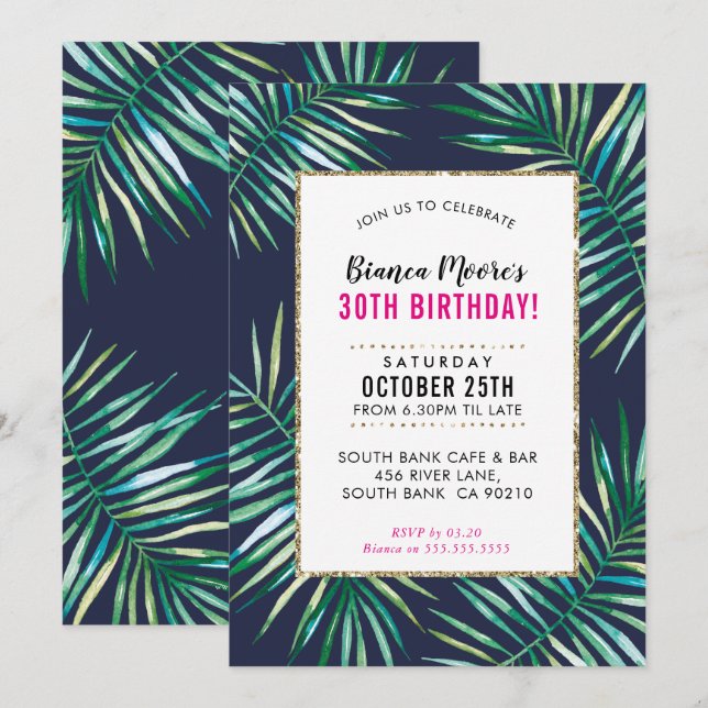 Invitación FIESTA TROPICAL INVITE la acuarela hojas de palma  (Anverso / Reverso)