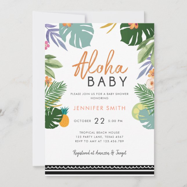 Invitación Fiesta tropical Luau Aloha Baby Shower cubano (Anverso)