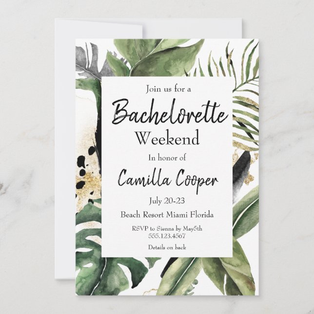 Invitación Fiesta Tropical Monstera Bachelorette (Anverso)