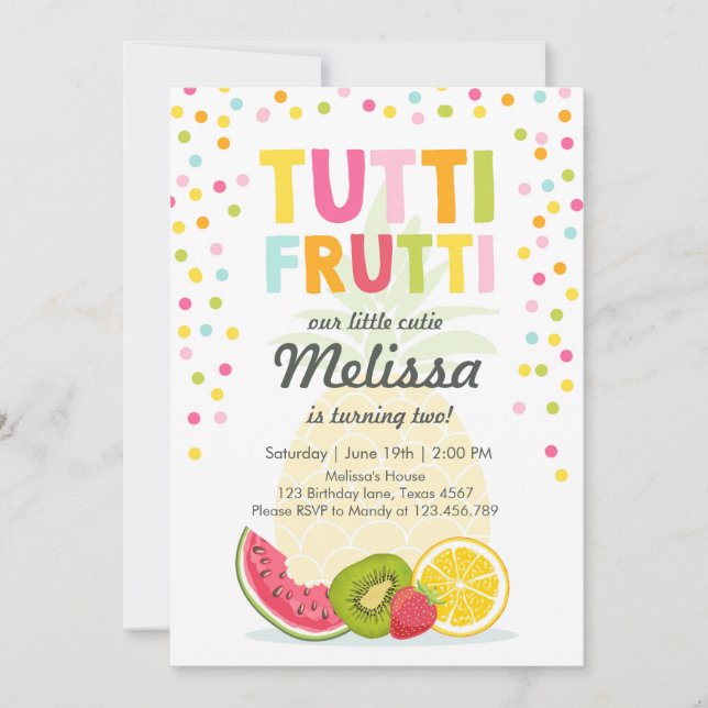 Invitación Fiesta Tutti frutti invita a los Tutti frutti cump (Anverso)