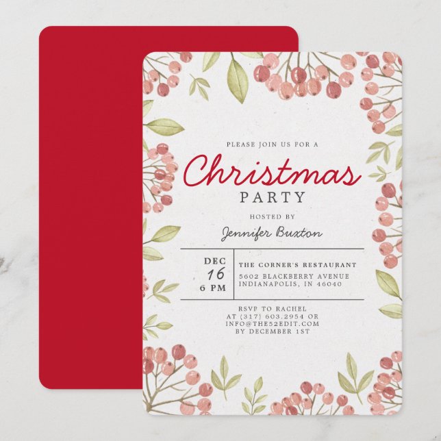 Invitación Fiesta único de Navidades de Verdor de Berries (Anverso / Reverso)