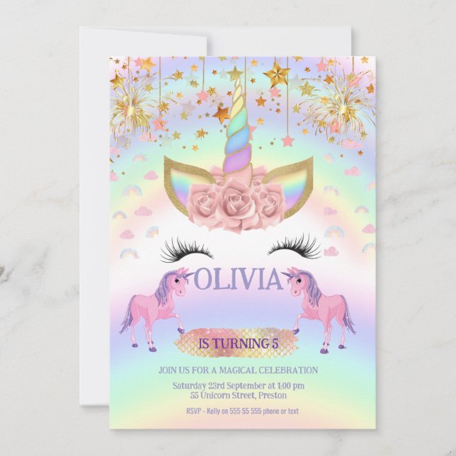 Invitación Fiesta unicornio Arcoiris primer chica de cumpleañ (Anverso)