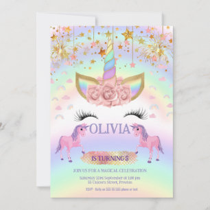Invitación Fiesta unicornio Arcoiris primer chica de cumpleañ