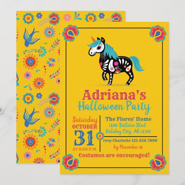 Invitación Fiesta Unicornio por el Día del Azúcar Muerto (Anverso / Reverso)