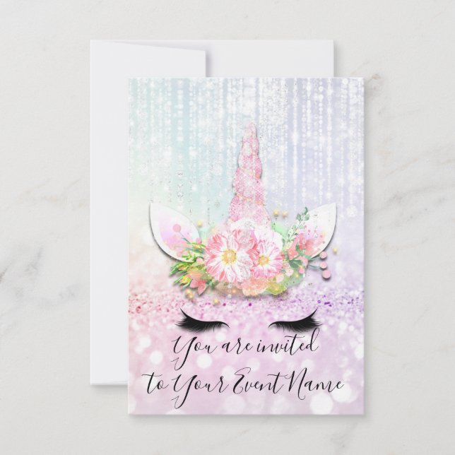 Invitación Fiesta unicornio Rosa 12d 3er Purpurina de cumplea (Anverso)