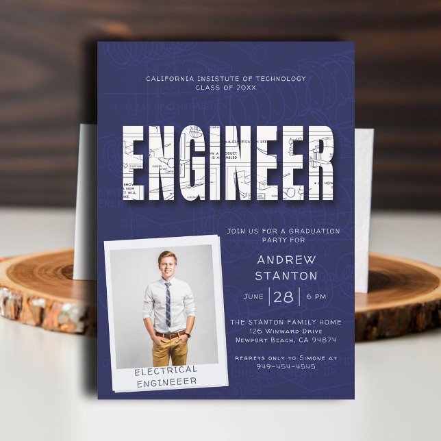 Invitación Fiesta universitario de ingeniería de tecnología (college grad engineering engineer graduation ceremony party invitation navy blue technical science)