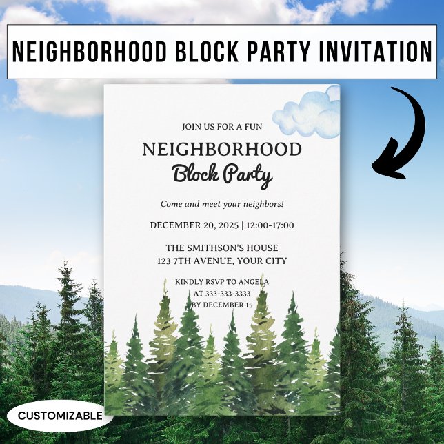 Invitación Fiesta Vecinal de Bloque de Árboles de Pino con Ac (Subido por el creador)