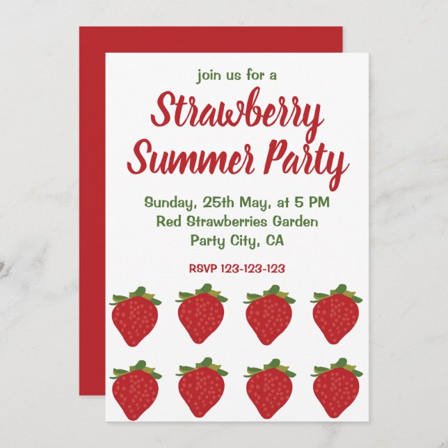 Invitación Fiesta veraniego de fresas rojas frutales (Anverso / Reverso)