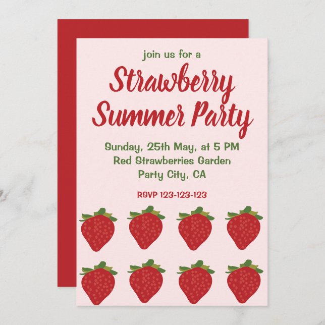 Invitación Fiesta veraniego de fresas rojas frutales (Anverso / Reverso)