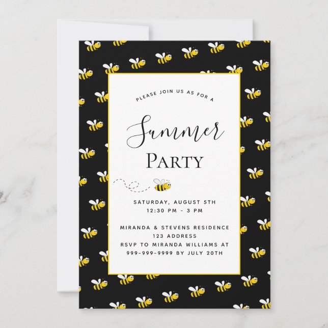 Invitación Fiesta verano abejas patio trasero bbq oro negro (Anverso)