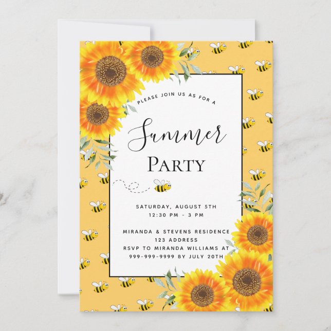 Invitación Fiesta verano burbuja abejas girasoles patio trase (Anverso)