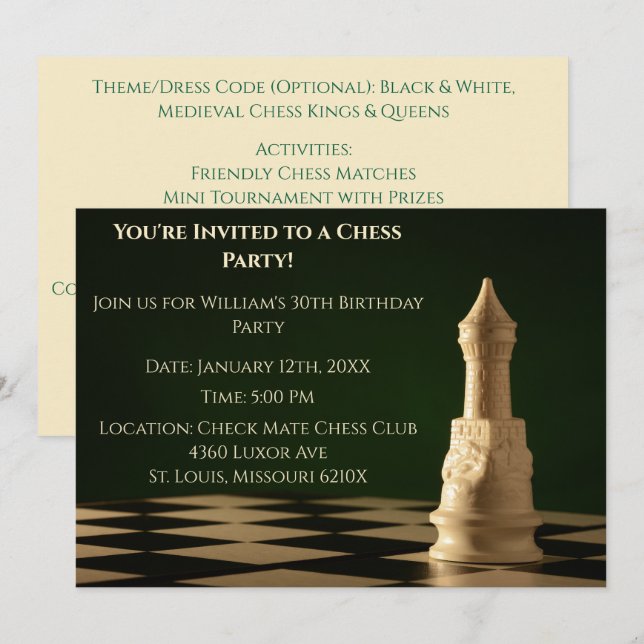 Invitación Fiesta verde 30 de cumpleaños, Chess Rook (Anverso / Reverso)
