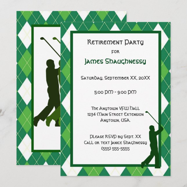 Invitación Fiesta Verde Argyle y Golf (Anverso / Reverso)