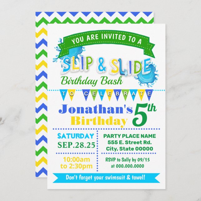 Invitación fiesta verde azul azul de cumpleaños de diapositiv (Anverso / Reverso)