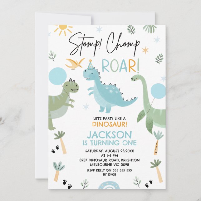 Invitación Fiesta Verde Azul Como Un Cumpleaños De Dinosaurio (Anverso)