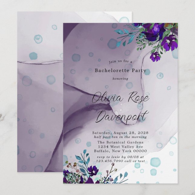 Invitación Fiesta Verde azulada morada de bachillerato de flo (Anverso / Reverso)