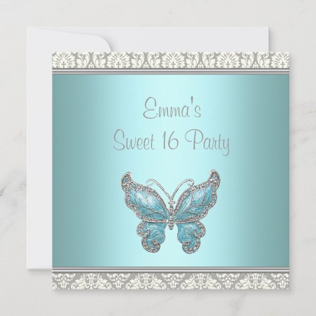 Invitación Fiesta verde azulado de la mariposa Damask Sweet 1 (Anverso)